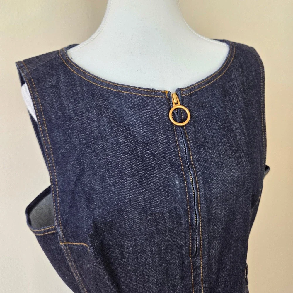 Tory Burch Dark Wash Denim Sleeveless Shift Dress Pockets Gold Ring Zip 14